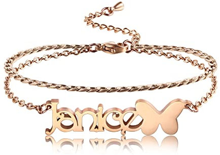MeMeDIY Personalisiertes Fußkettchen mit Namen für Frauen, Individuelles 18 Karat Vergoldetes Fußkettchen, Verstellbare wasserdichte Fußkettchen für Frauen (Mehrschichtige Panzerkette & Roségold)
