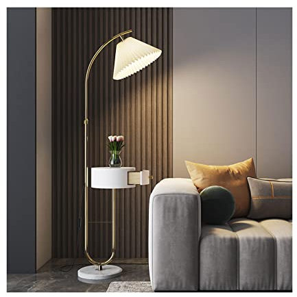 SYALEO Floor Lamp Lampadaire Table d'appoint avec port de charge USB et chargeur sans fil Éclairage de table de chevet avec abat-jour en tissu plissé Lampe sur pied pour chambre Étudier