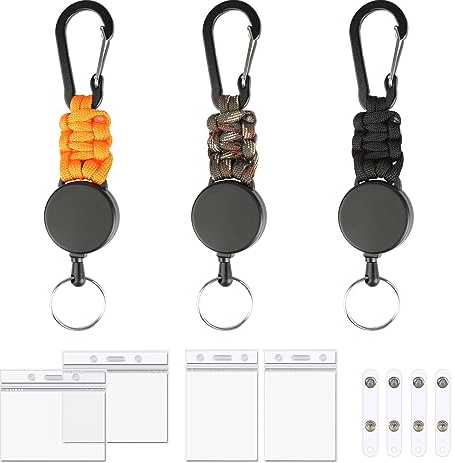 Schlüsselanhänger Ausziehbar, 3 Stücke Karabiner Schlüsselanhänger mit 60cm Ausziehbar Stahlseil Schlüsselband, Ausweishülle Ausweishalter, Extra Starker Feder und Reißfester Schnur, Gürtelclip