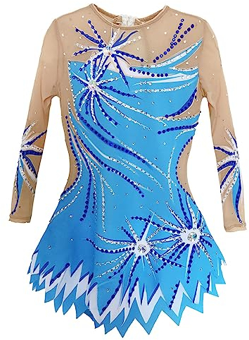 JRUIA Bedruckter Turnanzug Für Rhythmische Gymnastik Eiskunstlauf Kleid Für Mädchen Damen Eislauf Performance Kostüm Handgefertigt Elastizität Wettkampf Ballettbekleidung,Blau,XXL