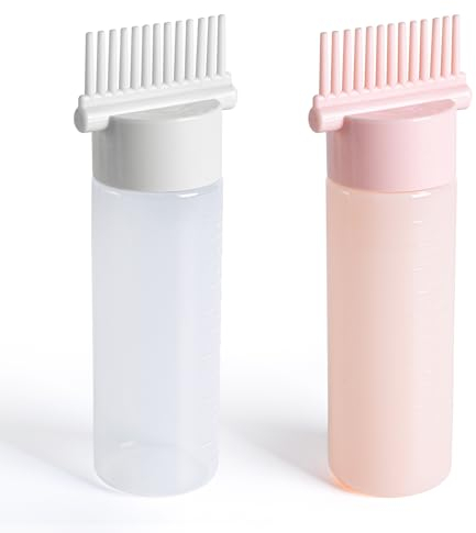 MEGAVOW 2 Piezas Botella Aplicadora de Tinte para Cabello 180ml, Botellas Aplicadoras de Peine Raíz con Escala Graduada, Profesional Tratamiento del Cuero Cabelludo Esencial (Blanco, Rosa)