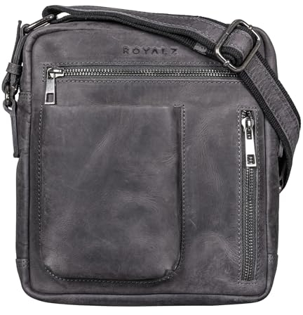 ROYALZ 'Antonio' Herrentasche Leder klein im Vintage Look - kleine Männer Umhängetasche aus Echtleder - kompakte Messenger Bag Ledertasche Herren mir Reißverschluss, Farbe:Navy Grau