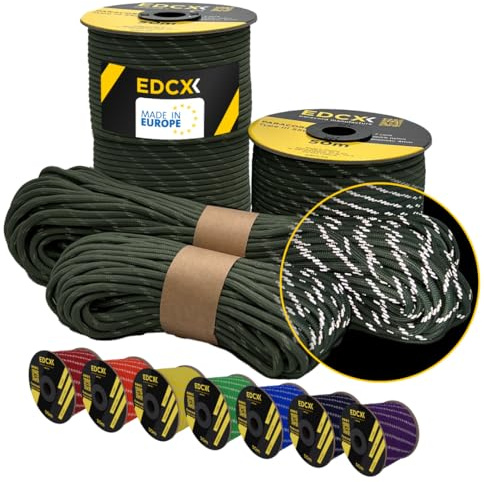 EdcX Reflective Paracord 550 4mm, 13 Colors, Hi-Vis (15m, 30m, 50m) | Reflective Army Green, 50 m – 100% Nylon 4mm, Type III 7 strand | Night Visibility, Camping, Guy Lines | Made in EU