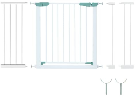 DREAMADE Barriere de Securite Enfant et Animaux sans Perçage 80-132CM avec Extension et Kit de Montage,Barrière d'Escalier à Fixation par Pression avec Fermeture Automatique,Cadre Métal (Blanc)