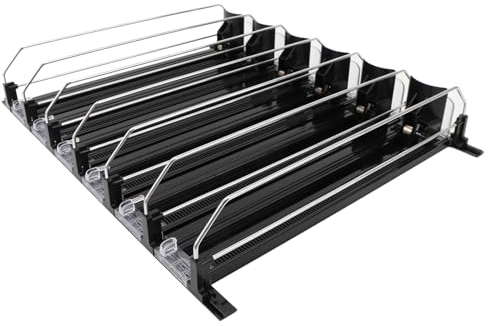 Drink Organizer for Fridge, 6 Rows Adjustable Fridge Organizers Self Pushing Drink Dispenser with Pusher Glide, Automatic Drink Dispenser for Fridge Bottles and Cans (Black)