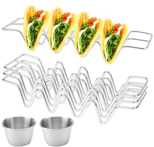 ZMDMAH 3 Stück Taco Halter Mexikanisches mit 2 Pcs Saucenbecher aus 70 ml, Taco Halter Ständer, Taco Ständer Edelstahl, Hotdog Halter, Wellenform Food Ständer für Halten Tacos für Familien Partys