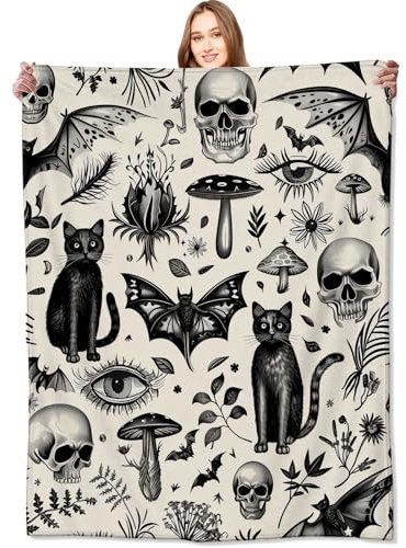 VODRM Gruselige Gothic-Decke, Gothic, Schwarze Katzen, Totenköpfe und Fledermäuse, Überwurf, Decken, Geschenke für Mädchen, Jungen, Erwachsene, leicht, weiches Fleece, gemütlich für Sofa, Couch