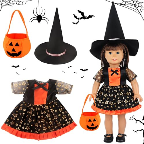 SOETDERT Dockkläder halloween, 45 cm dockor klä upp kostym, dockor kläder, dockklänningar, häxhatt klänning, leksak, baby docktillbehör, kläder för halloween, karneval, kläder