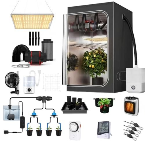 Grow Komplettset,LED Vollspektrum Pflanzenlampe+Grow Tent+Inline-Lüfter Kohlekohlefilter Belüftungs+Oszillierend Ventilator+Humidifier (60X60X120CM Grow Tent Komplettset)