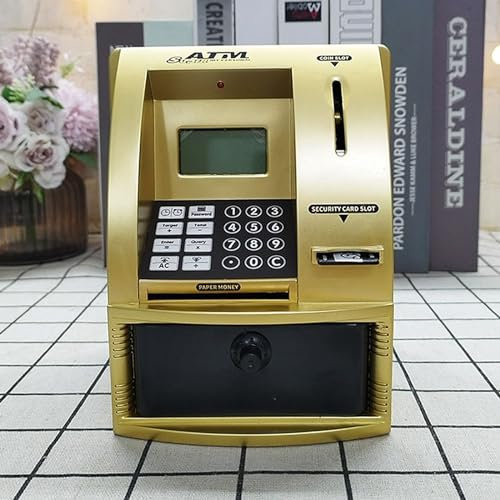 Lvpradior ATM Savings Bank Digital Money Bank Machine,Electronic ATM Money Safe for Kids with Debit Card,Password Login,Coin Recognition, Voice Prompt,Balance Calculator (Gold)