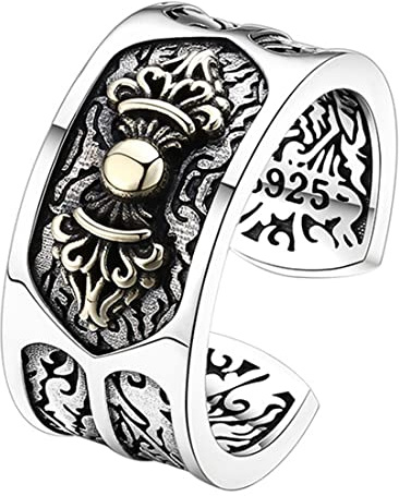 RobertDTesta S925 Sterling Silber Buddhistischer Vajra Offener Ring, Herren Vintage Breite Version Tibetisch Buddhistischer Vajra Ring,Silber,11