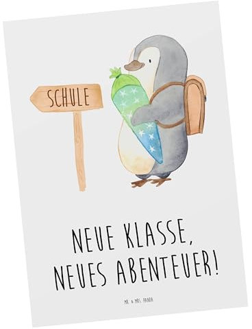 Mr. & Mrs. Panda bildkarte Erster Schultag Abenteuer - Geschenk, Postkarte, Fotokarte, Neue Klasse, Zuversicht, Motivation, Trost, Nervosität, Vertrauem, Postkarten, Grußkarte, Beginn, Kunstkarten