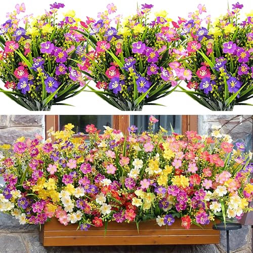 HNVNER 12 Bundles of 6 color Artificial Flowers Outdoor UV Resistant Fake Flowers for Hanging Planter Garden Window Home Decor