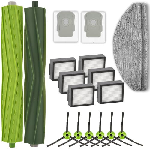 Lot de 18 Pièces de Rechange Compatibles avec Roomba Combo i5, i5+, j5, j5+, 2 Brosses à Rouleaux, 6 Brosses Latérales, 6 Filtres, 2 Sacs à Poussière, 2 Serpillères, Kit d'Accessoires