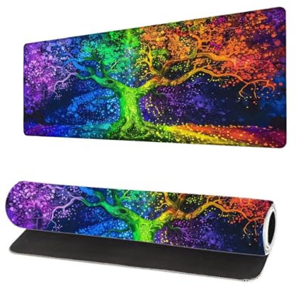 Grand Tapis de Souris XXL 900x400x3mm, Tapis de Souris Gamer Coloré avec Surface en Antidérapant Résistant à l'eau Tapis de Bureau Mouse Pad Arbre, sous Main Souris à Bords Cousus pour Bureau B-0