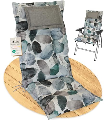 Herlag Hochlehner-Gartenstuhlauflage AVA 123x50x9cm | Extra Dicke Sitzauflage 9 cm mit Kopfpolster | Polsterauflage mit Deluxe-Komfort | Öko Tex 100 | 1 Polster | Motiv Aquarell Türkis