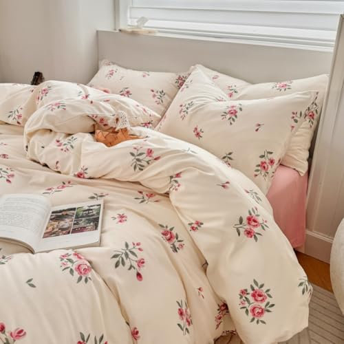 Sedefen Bettwäsche 135x200cm Weiß Rosa Blumen Bettwäsche Set Floral Blätter Pflanzen Bettwäsche Blumenmuster Mikrofaser Renforce ÖKO-TEX Bettbezug mit Reißverschluss und 1 Kissenbezug 80x80cm