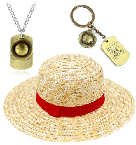 ZGCXRTO 3 PCS Casquette Pirate en Paille,Porte-clés chapeau de pirate Collier,One P Chapeau de paille,Chapeau de Soleil,Casquette Pirate en Paille,Porte-clés Pirates,pour Cosplay Anime Manga (A-35CM)
