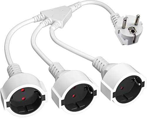 Steckdosenadapter als wetterfeste Dreifachsteckdose Außen, Dreifachsteckdose mit Winkelstecker & Klappdeckel (Y-Stromkabel für Innen/Außen, Weiß)