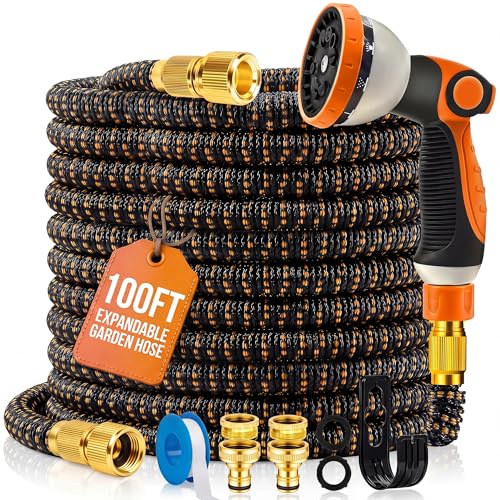MOSII 100FT Expandable Garden Hose Pipe, Flexible Heavy Duty Water Hose Pipe Extendable with 10-Pattern Spray Nozzle, Brass Fittings, Hosepipes for Garden Car Washing (Orange, 100FT/30M)