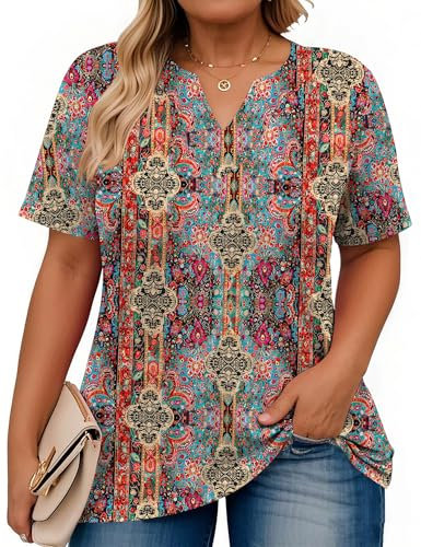 Rapbin Plus Size T Shirts for Women Short Sleeve V-Neck Overszied Tee Loose Fit Shirt Summer Top Casual Tunic 2025 (4XL, Colorful Floral)
