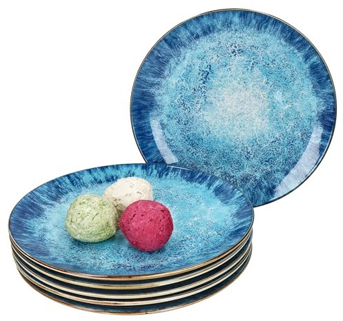 MamboCat Marina Lot de 6 assiettes plates I Ø 27 cm I Assiettes plates en porcelaine bleue avec design maritime pour 6 personnes I Décor océan Gischt I Grandes assiettes pour repas principaux