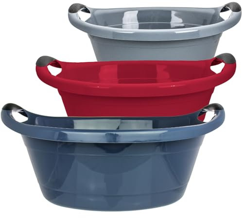 Wäschewanne 3er Set - 15 Liter Wäschekorb Mix in Grau, Blau, Rot - Made in EU - Platzsparende Waschschüssel mit Griffen, 50 * 38 * 18 cm