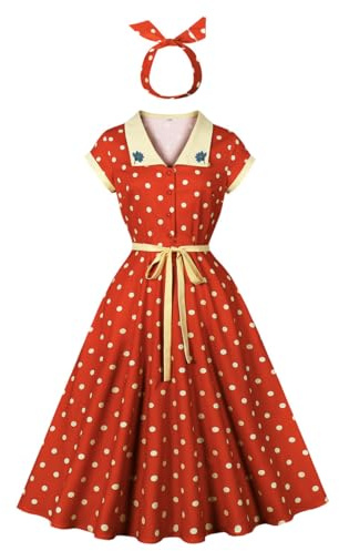 Odizli Rockabilly Kleider Damen Elegant Vintage Sommer Polka Dot Swing A Linie Knielang Coctailkleid mit Stirnband