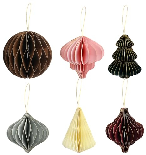 PORUPAEL 6 Stück Wabenpapier Ornamente Hängende Weihnachtsdekoration mit Glitzerrand Weihnachten Papierwaben für festlichen Weihnachtsbaum Schmuck und Wanddeko (A)