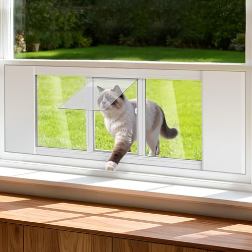 Upgraded Pet Cat Door for Window, Adjustable Width of 35-46 Window Cat Door Insert, Quick Installation Pet Doors for Cats Small Dog with Aluminum Frame, Tight Seal, Safety & Weatherproof, HD Glass