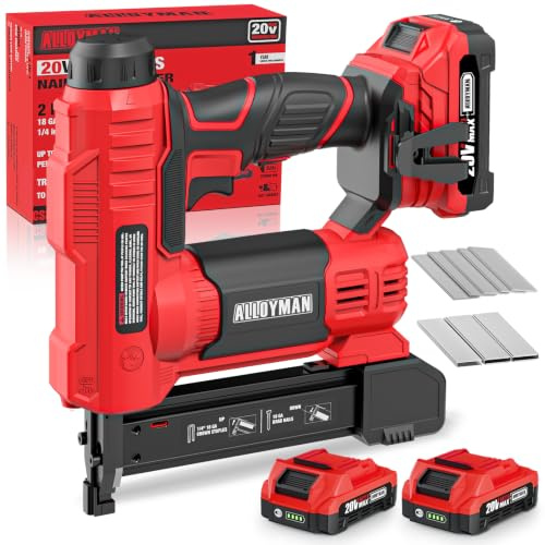 Alloyman 20V Nail Gun Battery Powered, 2 in 1 Cordless Brad Nailer/Electric Stapler with 2 * 2.0Ah Battery and Charger,1000pcs Nails and 500pcs Staples Included for Home Improvement & Woodworking