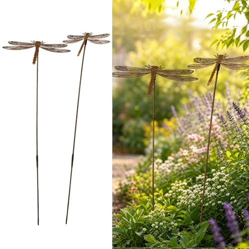 WRQIOO 2er Set Gartenstecker Rost Libellen, Gartenstecker Metall, Gartendeko Rost für Draußen, Edelrost Garten-stecker, Gartendeko Rostoptik, Rostdeko Garten-deko für Terrasse Balkon Blumentopf