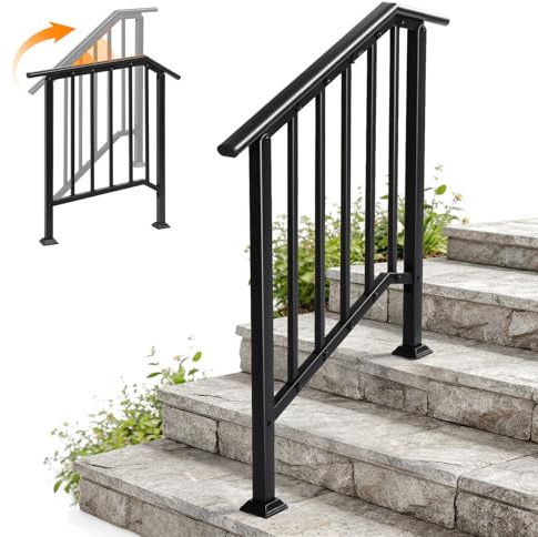 VINGLI Outdoor Handrail for 2-3 Front Steps, Thick Sturdy Wrought Iron