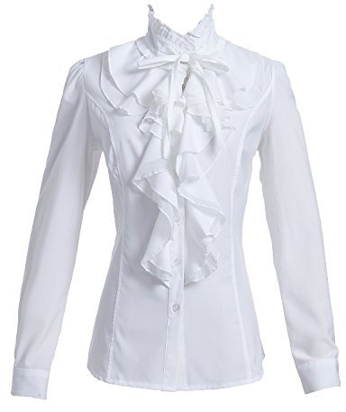 Taiduosheng Women Shirts Lace Ruffle Neck Stand-Up Collar Victoria Ruffle Bow BlouseLong Sleeve OL Shirt Tops XL White
