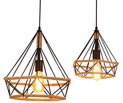 STOEX Lustre Suspension Industrielle 25cm en forme Diamant Corde de Chanvre Noir