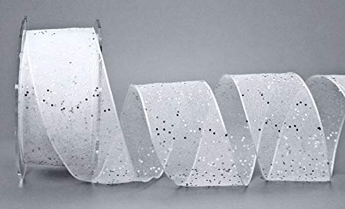 Dekoband GLITZER WEISS SILBER 20 m x 40 mm (Rolle) Stoffband Transparent glänzend Organza mit Drahtkanten elegant Weihnachten Advent Geburtstag Premium glitter ribbon