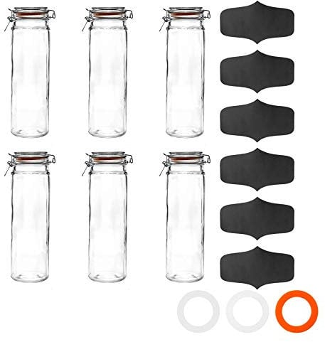 6X 2000ml (2 Litre) Clear Glass Spaghetti Jars with Chalkboard Stickers Orange Airtight Silicone Seal and Metal Clip Lids - 70.3oz Empty Tall Pasta Kitchen Containers - by Argon Tableware