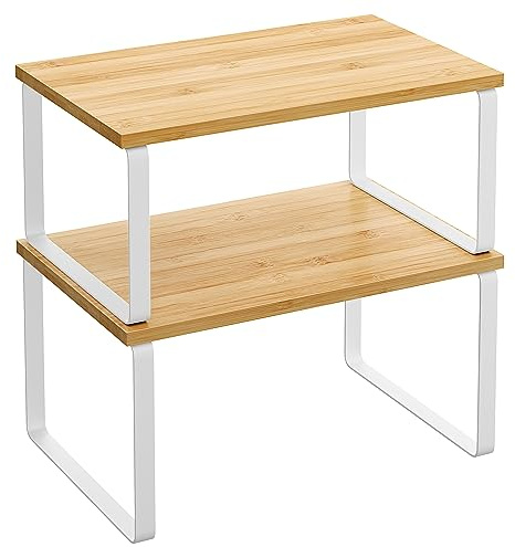 SONGMICS Cabinet Organizer Shelf, Set of 2 Kitchen Counter Shelves, Kitchen Storage, Spice Rack, Stackable, Expandable, Metal and Engineered Wood, Cloud White and Natural Beige UKCS02NW