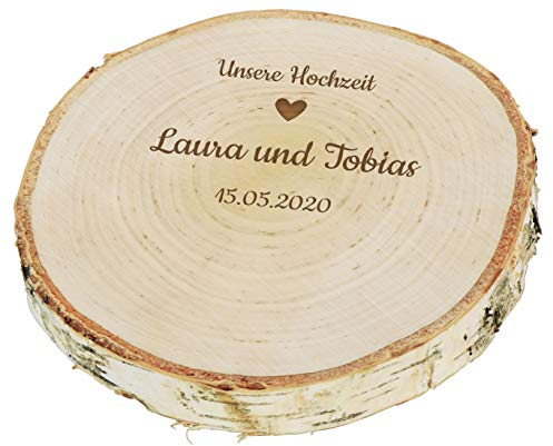 LAUBLUST Baumscheibe Personalisiert zur Hochzeit - ca. 18cm, Herz Motiv | Ringkissen | Hochzeitsgeschenk & Deko