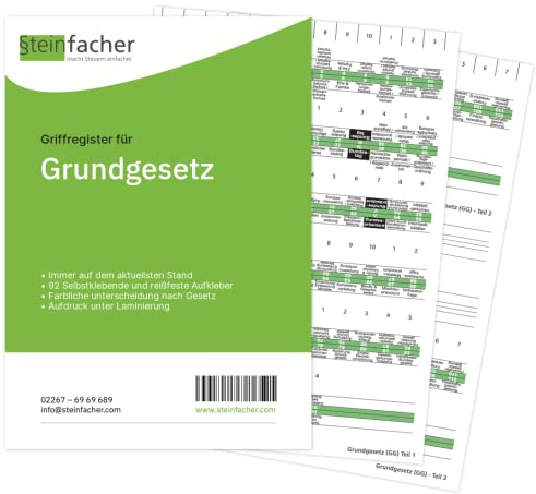 Steinfacher Griffregister für das GRUNDGESETZ - 92 bedruckte Aufkleber, inkl. Einklebeschablone für gebundene Textausgaben (ohne Folien | ablösbar | mit Überschrift)