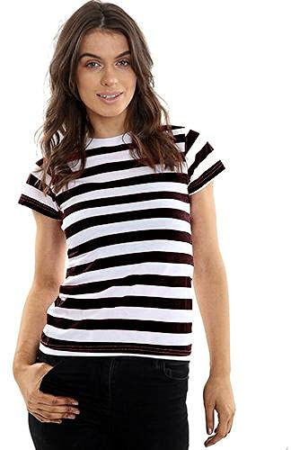 GW CLASSY OUTFIT Ladies Womens Striped T Shirts T Shirt Tops Vest Cotton Blend Fancy Dress S-XL (Black & White Stripe, S-M 8-10)