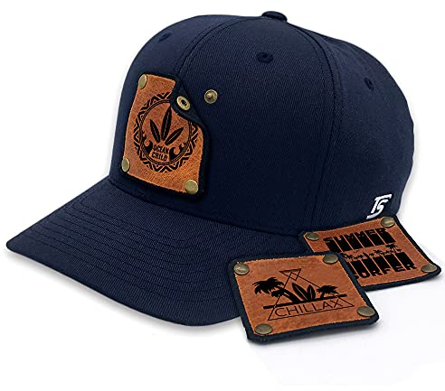 TS Baseball Cap mit Lederpatch, Basecap, Kappe, Mütze mit wechselbaren Motiven, Patch, Surfer, Surfbrett, Palmen, Beach, Chillax Size S/M Navy
