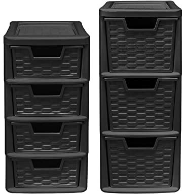 Small Rattan Tower Units Duo Set - Black: 3 Drawer 47cm (H) x 19cm (W) x 26cm (D) & 4 Drawer 38.5cm (H) x 19cm (W) x 26cm (D) Combo.
