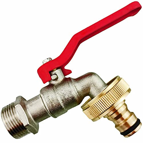 Auslauf Ventil Hahn 1/2 Zoll Wand Anschluss Außengewinde AG = Außendurchmesser 26mm aus Messing Hebelgriff rot mit Stecker für Gardena Buchse Gartenschlauch Wasser Schnell Kupplung