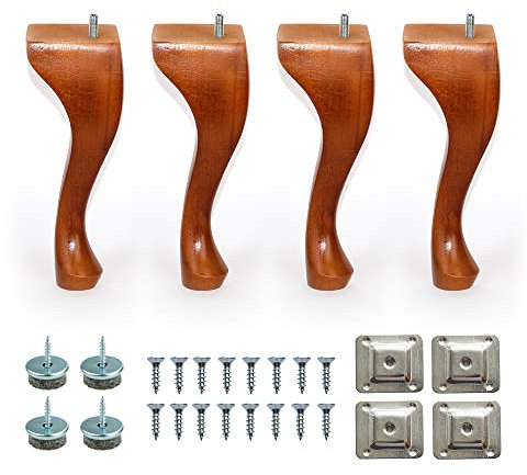 8'' Queen Anne Wooden Furniture Replacement Legs Colours M8 Thread With Level Mounting Plates Protective Felt Pads Set Of 4 Replacement Legs For Sofa Cabinet Footstool Chair Bed Ottoman (Walnut)