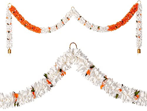 Toran Bandanwaar Artificial Flower Garland for Wall Door Hanging Home Temple Diwali Festival Wedding Function Party Decoration Décor and Gifting (White and Orange)