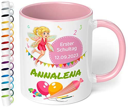 True Statements Geschenk zur Einschulung für Mädchen und Jungen: Personalisierte Keramik Tasse „Erster Schultag“ mit Name und Datum 330ml (Fee, Rosa)