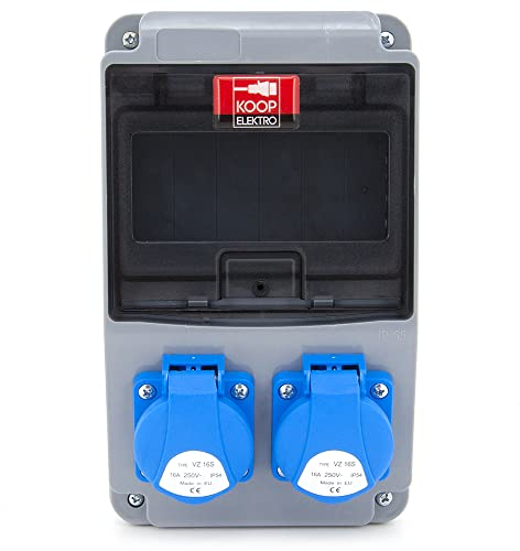 KOOP Elektro Steckdosenverteiler Baustromverteiler Wandverteiler Leer Leergehäuse Schuko Steckdosen 2x230V zur Nachrüstung mit modularen Geräten, Verkabelt, für Innen- und Außenräume, IP54