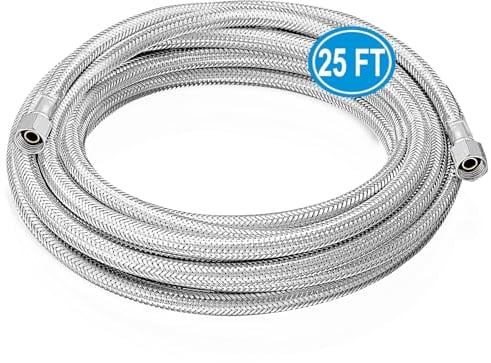 Refrigerator water line - 25 FT Premium Stainless Steel Braided Ice Maker Water Hose,Food grade PEX Inner Tube Fridge Water Line with 1/4 Fittings for Refrigerator Ice Maker