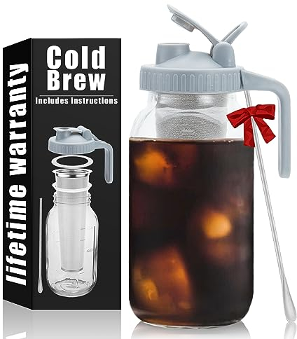Jrssae Cold Brew Kaffeemaschine – 1.8 l kaltgebrühter Krug mit Edelstahl, superdichter Filter, 3 Schritte, kaltgebrühter Kaffee, stabiler Einmachglaskrug mit grauem Deckel, leicht zu reinigen